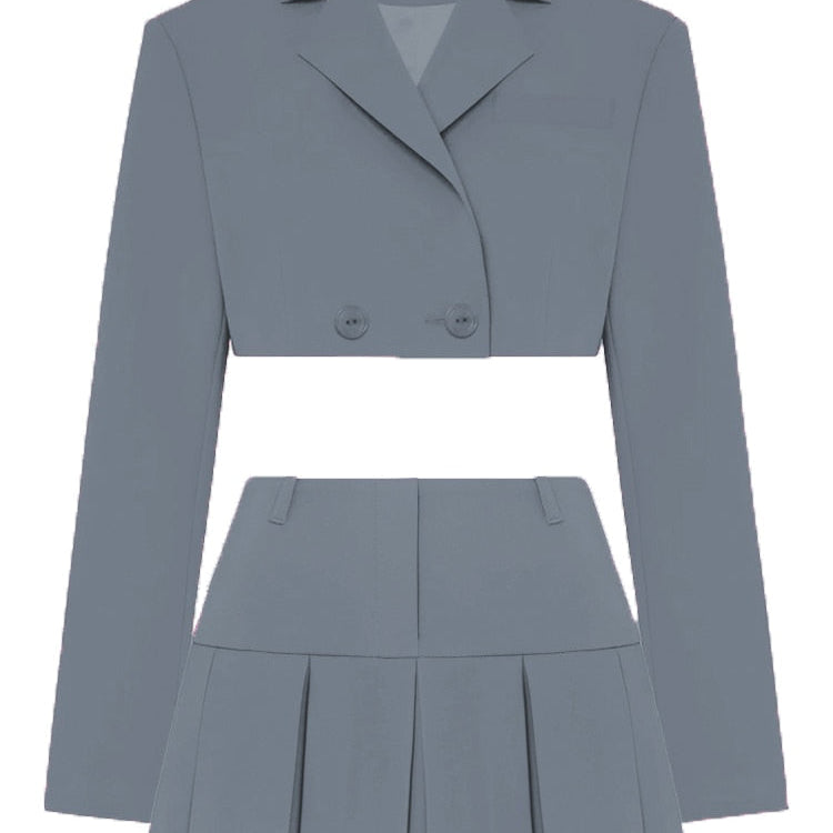 Fall Women Blazer Suit Two Piece Sets Turn-down Collar Blazers Tops And Pleated Skirts Femme High Street Y2K Outfits Grey Suit