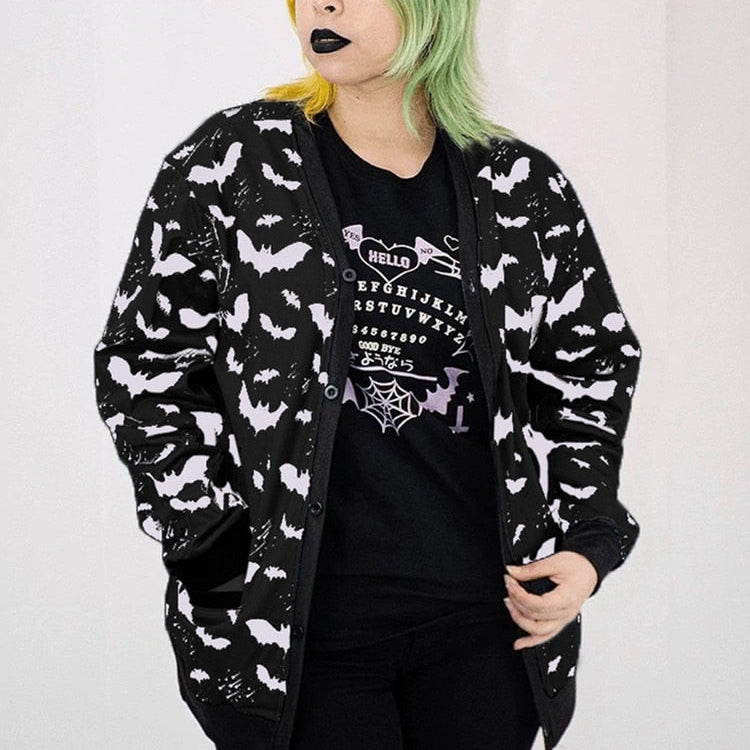 Gothic Black Bat Print Ladies Jacket Fall Loose Casual Zip-Up Top Y2K Party Fashion Top Black