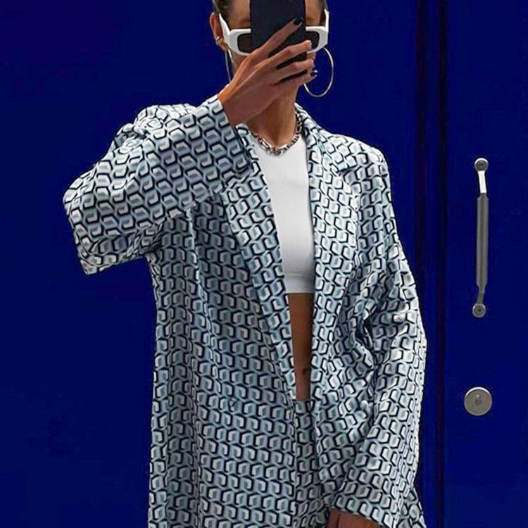 Autumn Winter Women Office Satin Suit Sets Printed V-neck Long Sleeve 2 Piece Pant Matching Set