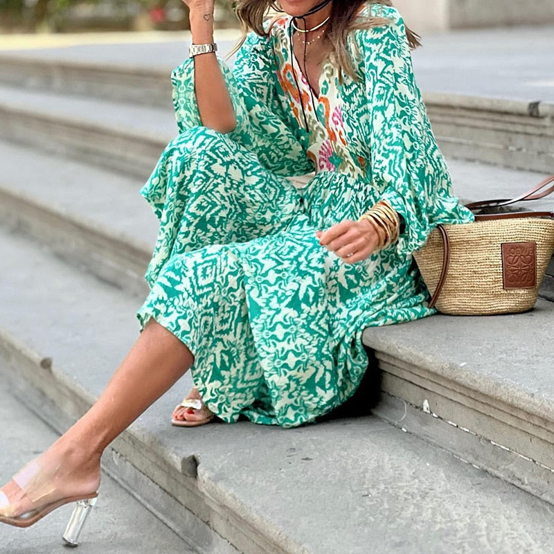 Ethnic Retro Floral Print Holiday Beach Dress Spring V Neck Patchwork Boho Long Dress Women Puff Sleeve Belted A-Line Maxi Dress
