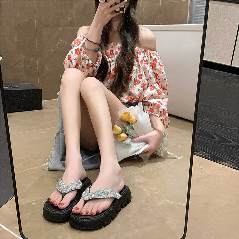 Thick Platform Shiny Crystal Flip Flops Women Summer Soft Bottom Beach Sandals Shoes Woman Fashion Clip Toe Clogs Slippers