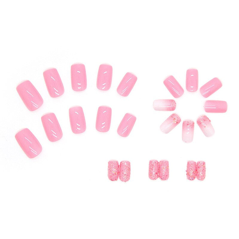 Fake Nails Art Gel Tips Full Cover 24pcs Pink Shiny Shards With Press Glue Design Clear Short Ballet False Nails Press On