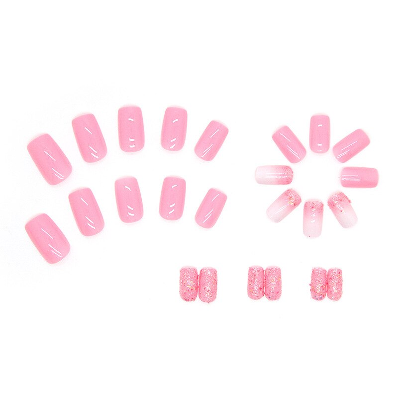Fake Nails Art Gel Tips Full Cover 24pcs Pink Shiny Shards With Press Glue Design Clear Short Ballet False Nails Press On