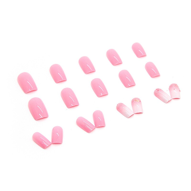 Fake Nails Art Gel Tips Full Cover 24pcs Pink Shiny Shards With Press Glue Design Clear Short Ballet False Nails Press On