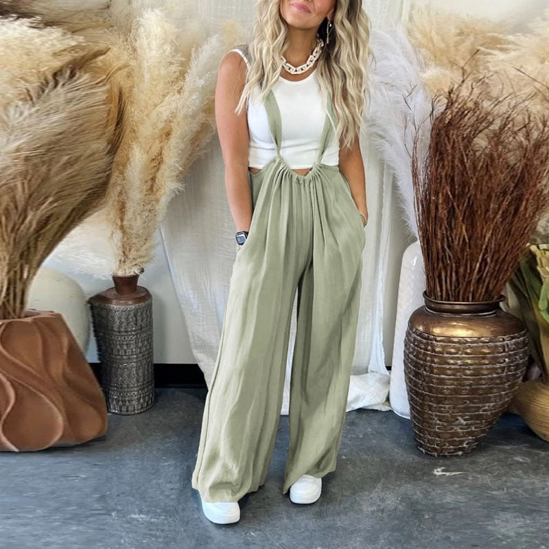 Retro Female Wide Leg Pants Pockets Overalls Fashion Summer Loose Streetwear Rompers 2023 Women Casual Sling All-Match Jumpsuits Light Green