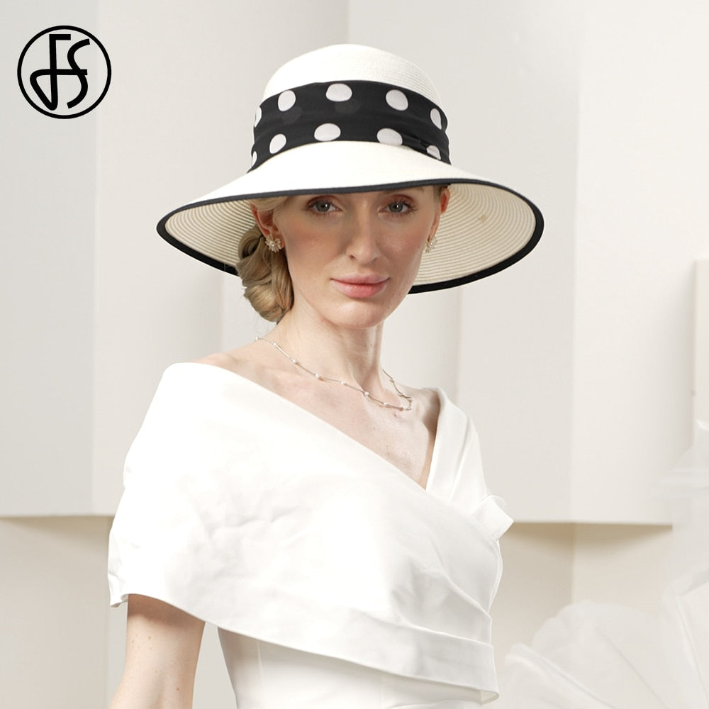 FS White Straw Hats For Women Romantic Simple Polka Dots Sun Visor Cap Ladies Wedding Church Formal Dress Fedoras Summer