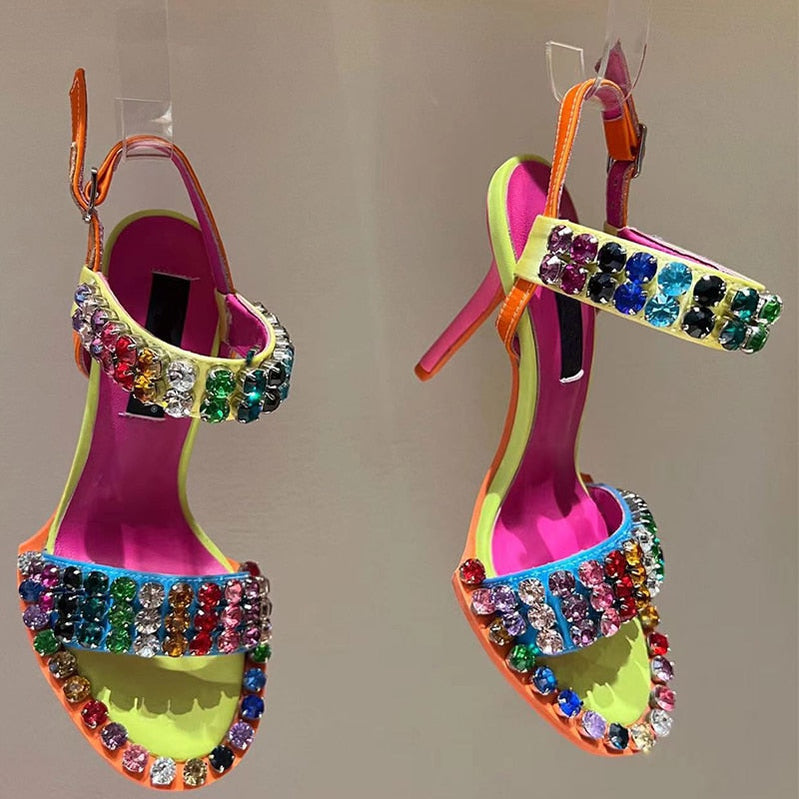Colorful Crystal Rivets High Heels Buckle Women Sandals Evening Party Pumps Patchwork Women&#39;s Summer Shoes