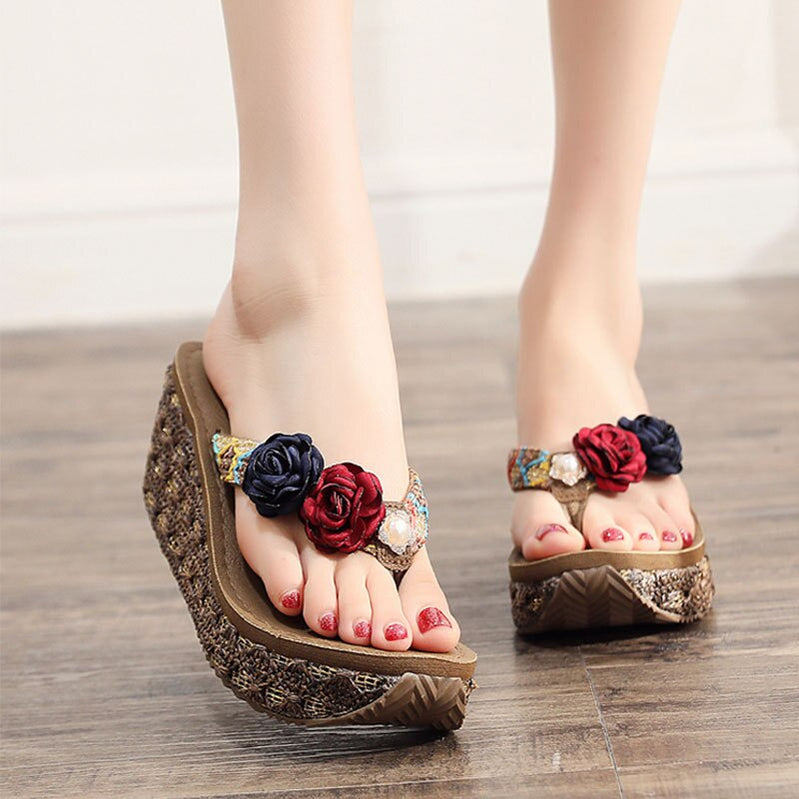 7 CM High Heel Women Wedge Non-Slip Outdoor Slipper Summer Beach Shoes Female Floral Flip-Flop Bohemian String Bead Lady Sandals Brown