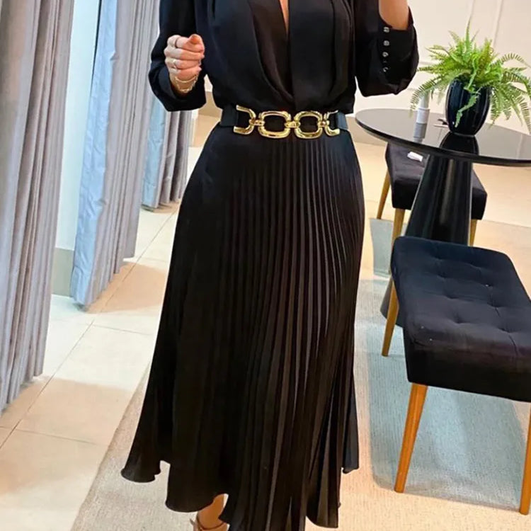 Drauuing Black Ankle Length Dresses Women V Neck Long Sleeve Loose Elegant Office Lady Fold Dresses Women Autumn New