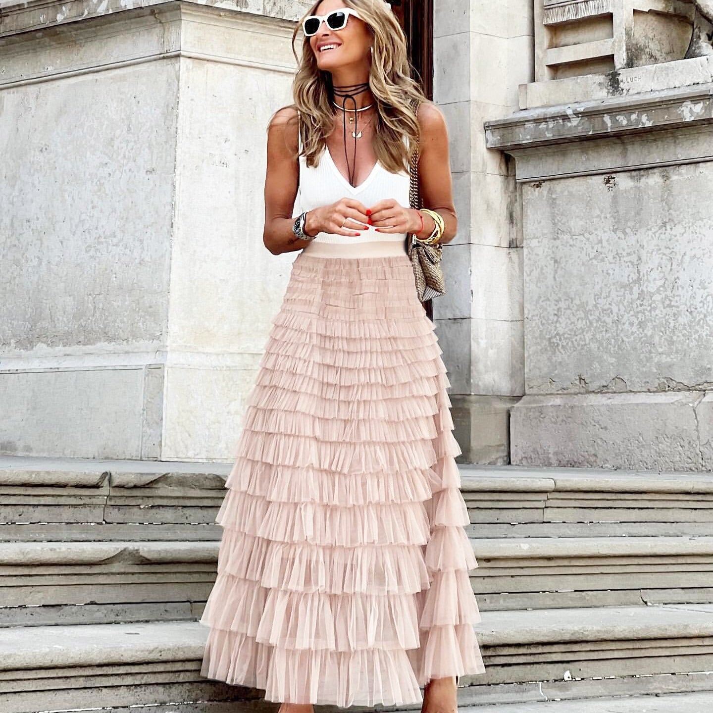 Summer Long Skirt Layered Ruffles Design Elegant Maxi Dress Office Women Commuting Party Attire Autumn Elegant Skirt Short Pink