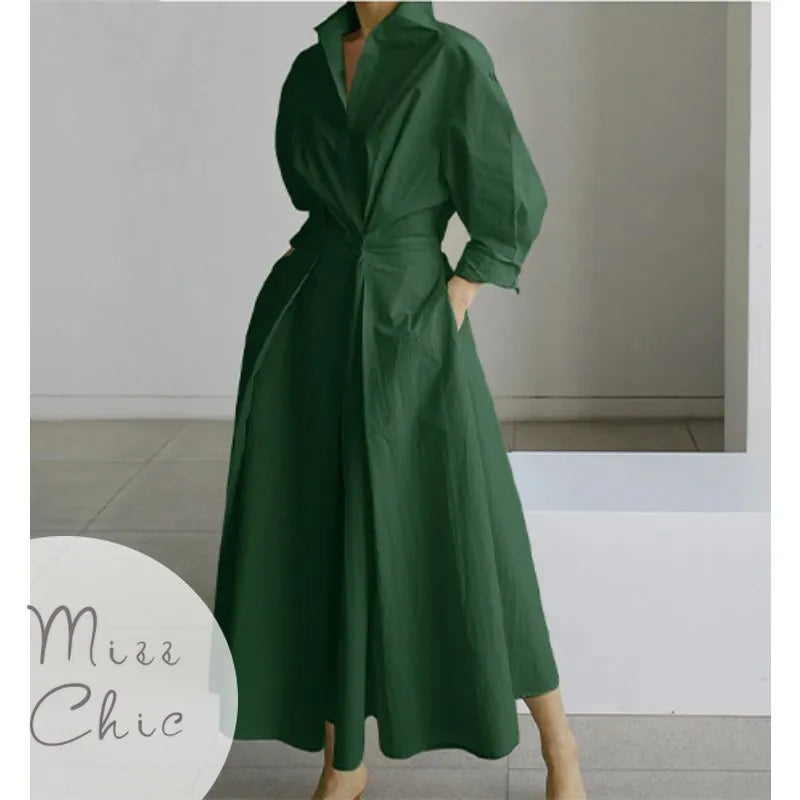 S-5XL Korean Fashion Long Sleeve Shirt Dress Chic Turndown Neck Ruched Maxi Dress Women Autumn Winter Clothes Streetwear
