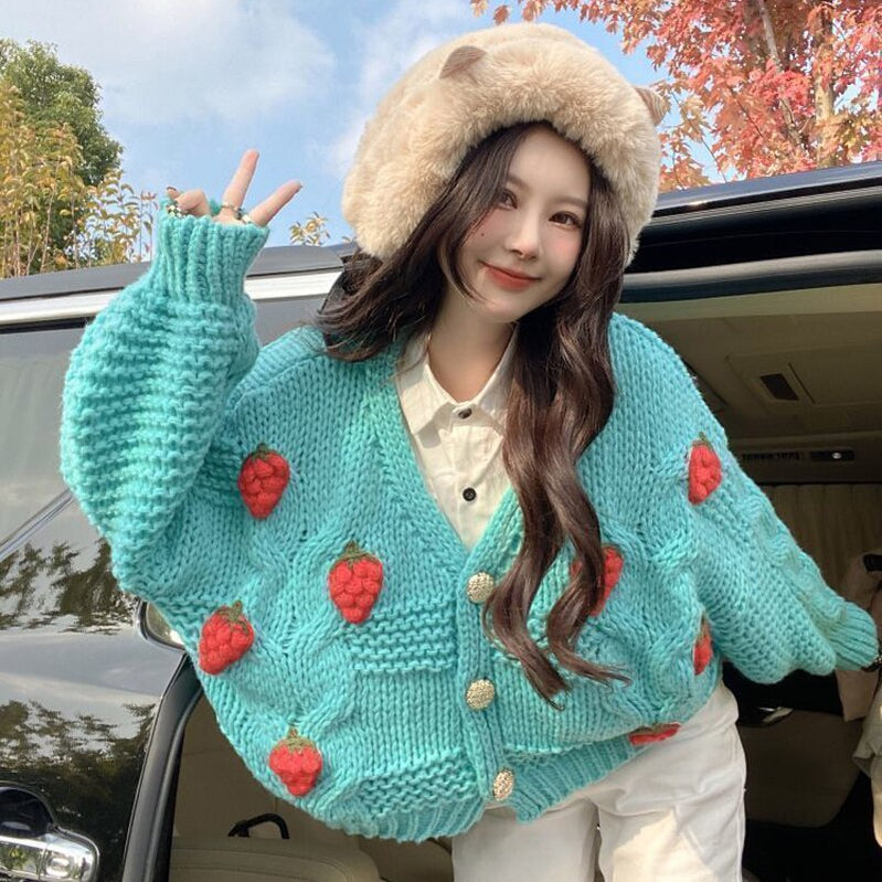 Women Harajuku Strawberry Loose Cardigan Sweater Fall Fashion Long Sleeve Korean Tops Chic Female Preppy Style Y2k Sweater Green