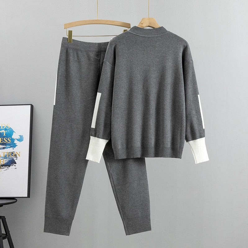 Autumn Runway 2 Pieces Set Knitted Long Sleeve Pullovers Sweater Casual Patchwork Fashion Women Tops and Pants Suits Spring