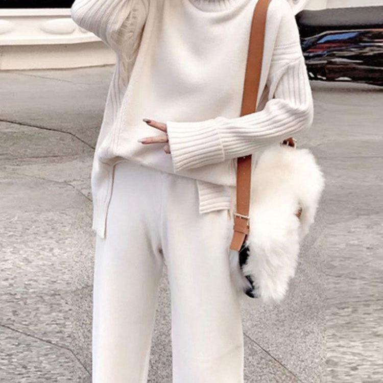 Sweater Set Women Tracksuit Spring Autumn Knitted Suits 2 Piece Set Warm Turtleneck Sweater Pullovers Wide Legs Pants