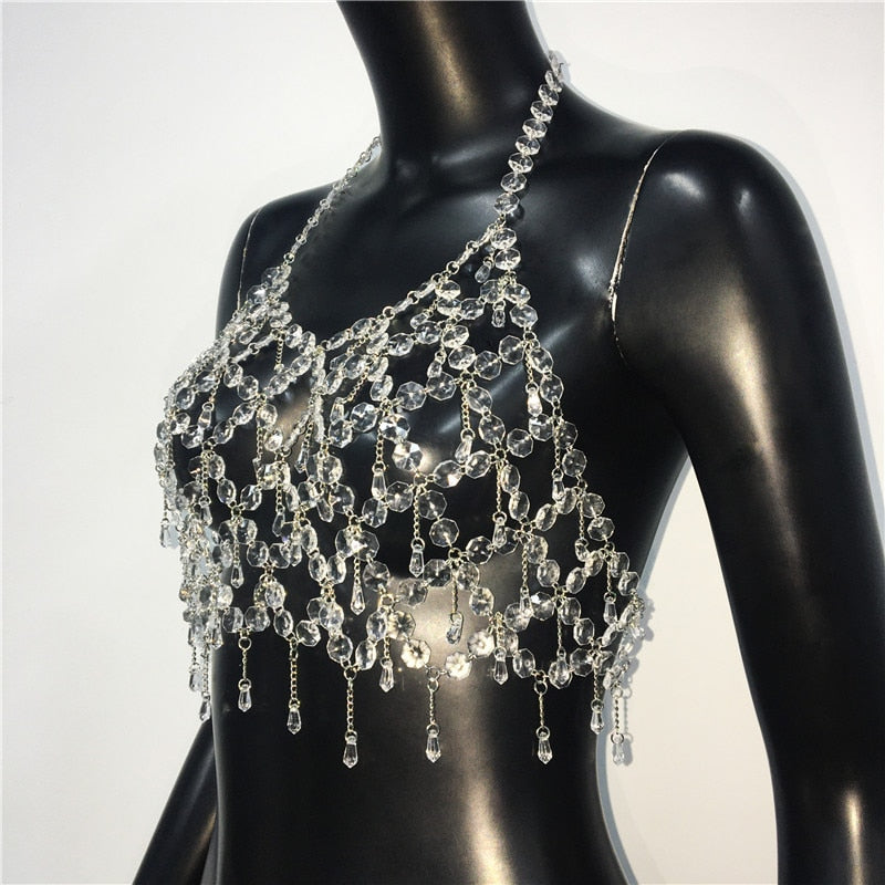 y2k Fashion Transparent Crystal Acrylic Tank Top For Women Sexy Hollow Out Backlesss Halter Solid Diamonds Nightclub Crop Tops