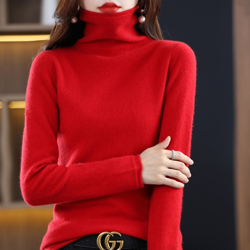 Pure Wool Women Sweater Autumn Winter Fashion Pile Collar Pullover Cashmere Sweater Casual Long-sleeved Knitted Tops