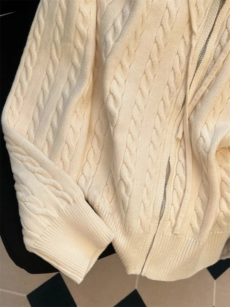 Vintage Hooded Loose Knitted Cardigan Long Sleeve Zipper Tops Retro Women Spring Fall Sweater Casual New Knitwears Gilet