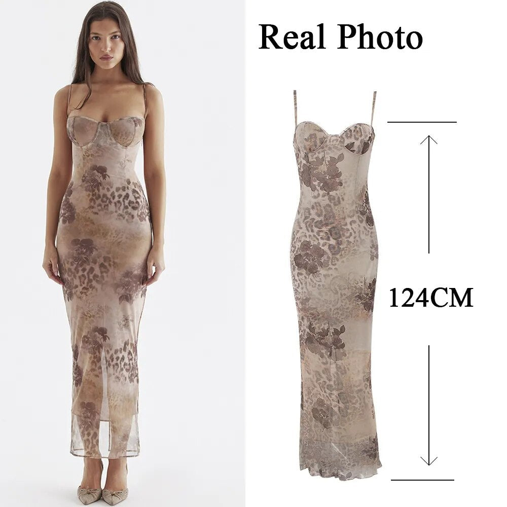 Spaghetti Strap Floral Print Maxi Prom Dress Sexy Mesh Bride Wedding Guest Dress Women Evening Party Dresses Slim Not transparent 2