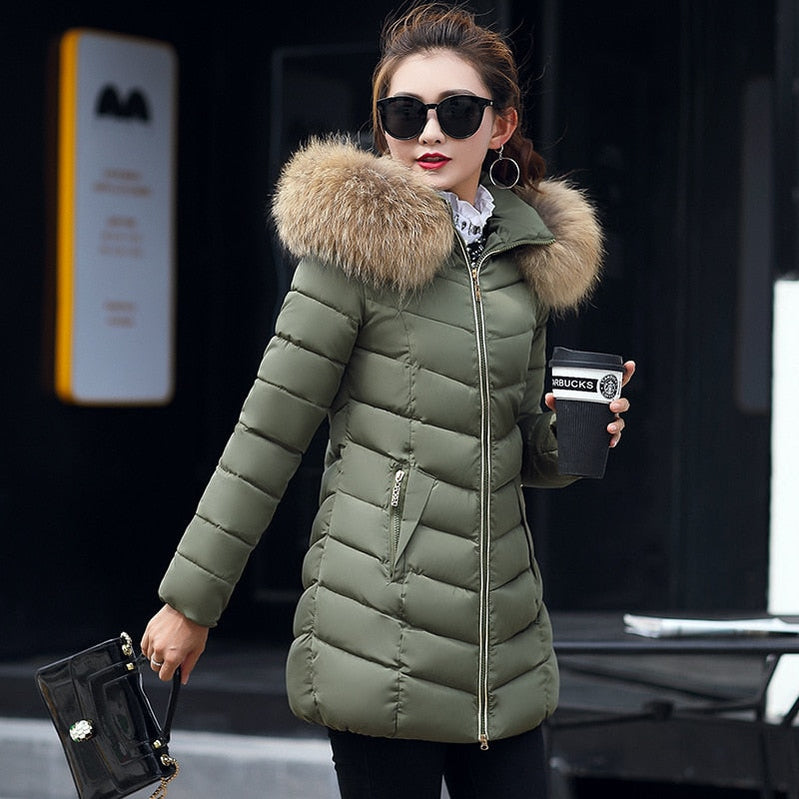 Women's Down Jacket 2024 Winter Woman Korean Style Long Zipper Slim Coats Big Fur Collar Hooded Padded Parka Jacket Female Army Green