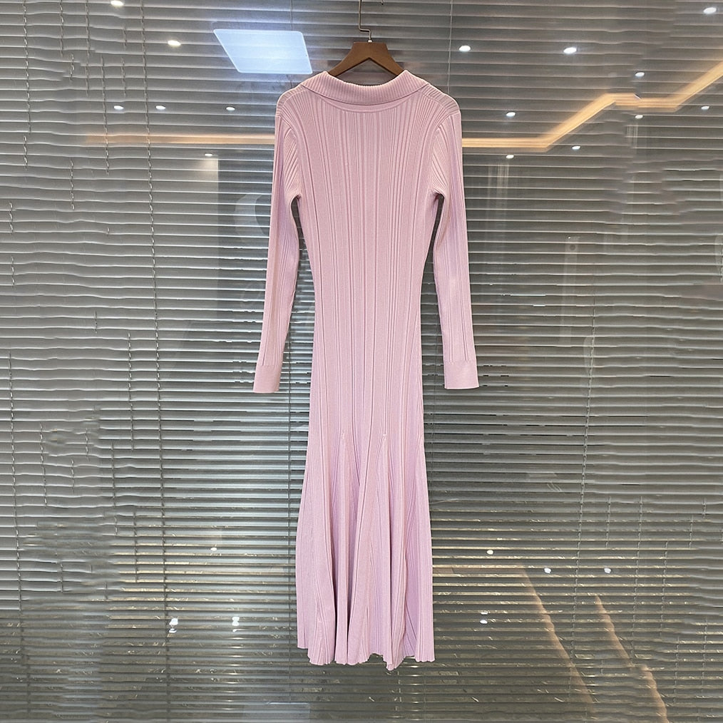 Women's pink knitted medium-length dress senior sense of fashion temperament polo collar waist-skimming long dress