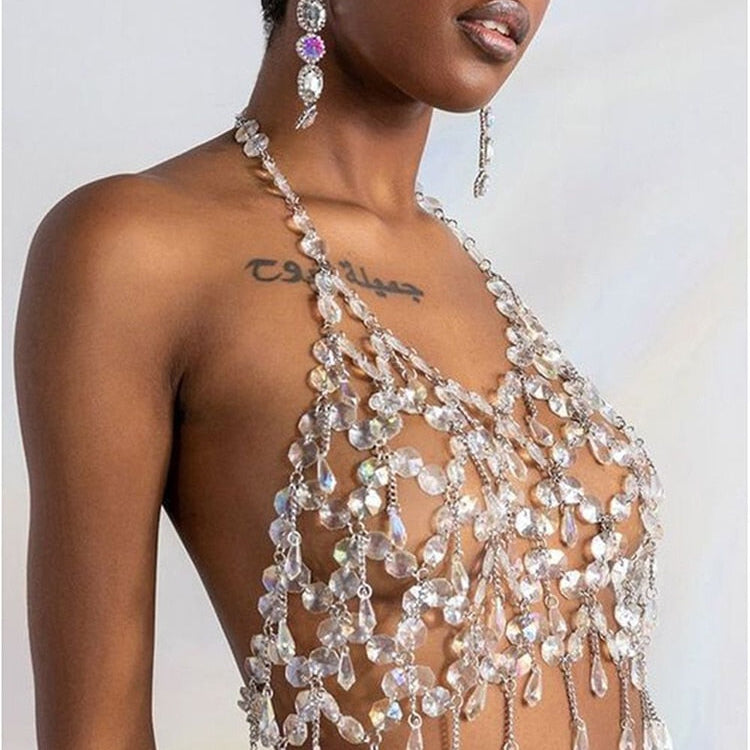 y2k fashion transparan kristal akrilik tank top untuk wanita seksi hollow out backless halter solid berlian top nightclub crop tops