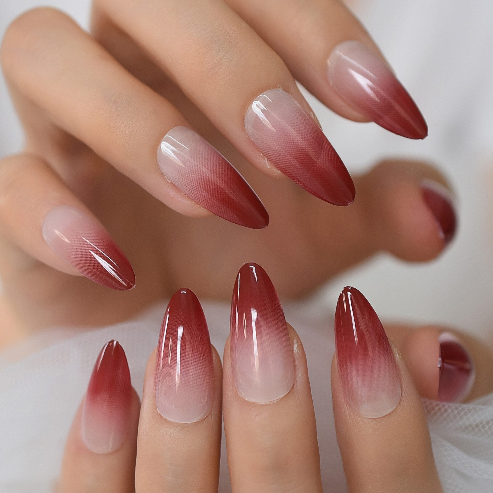 Glossy Gradient Rainbow Ombre French Press on Nails Almond Fake Nails Stiletto Oval Pointed Manicure False Nails Finger Tips L5971