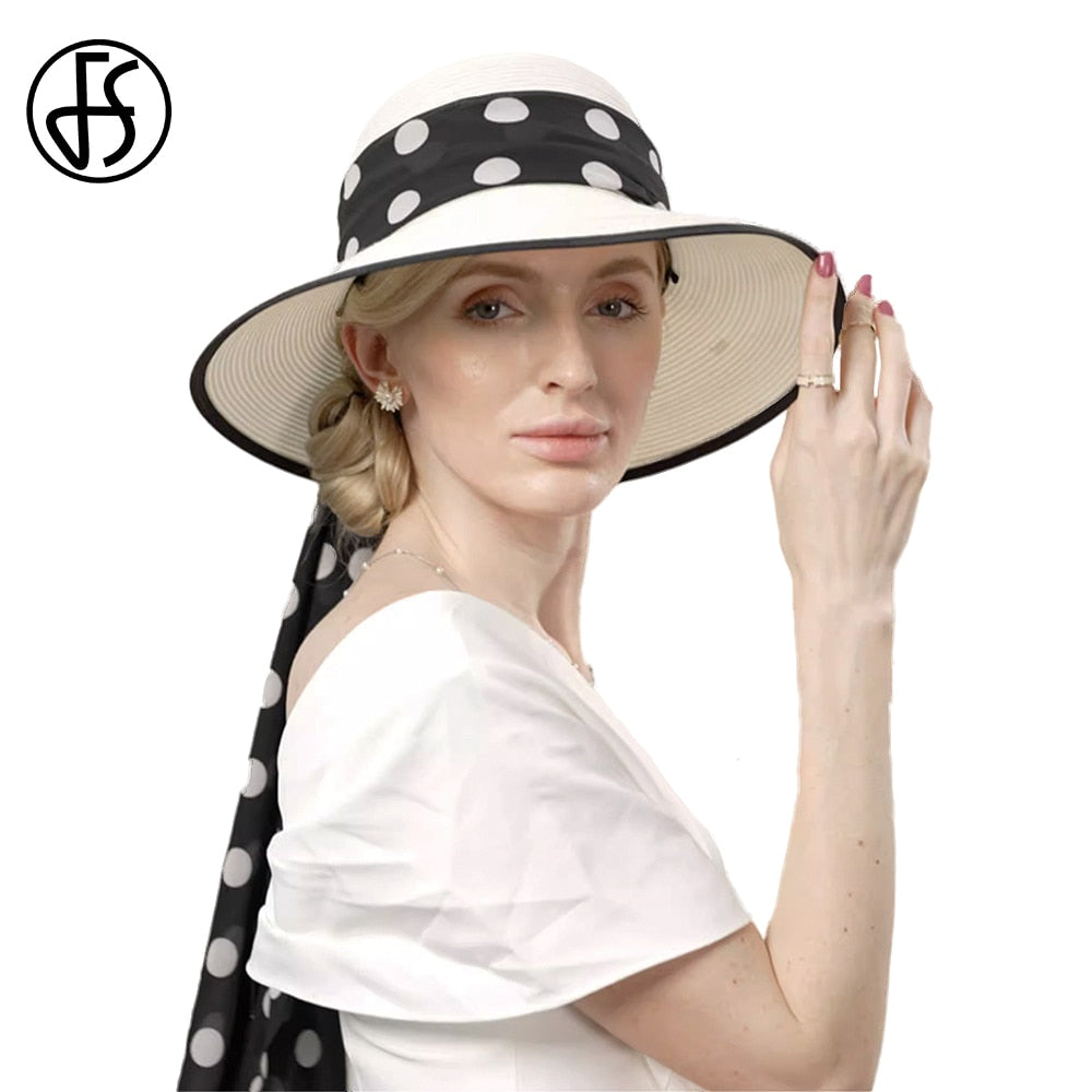 FS White Straw Hats For Women Romantic Simple Polka Dots Sun Visor Cap Ladies Wedding Church Formal Dress Fedoras Summer