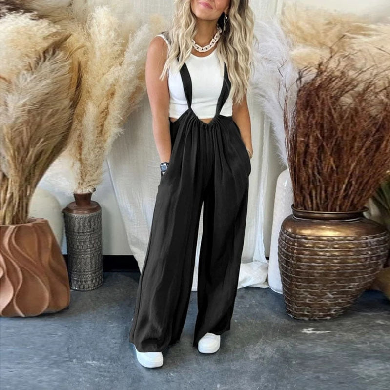 Women Casual Sling All-Match Jumpsuits Retro Female Wide Leg Pants Pockets Overalls Fashion Summer Loose Streetwear Rompers Black