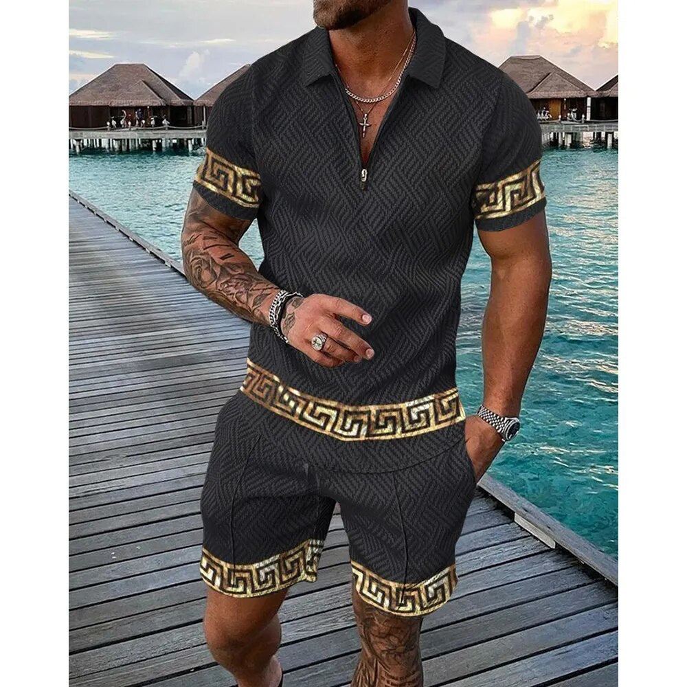 summer men's Polo shirt short sleeve 3D printing luxury retro Polo suit shirt flannel collar sportswear leisure suit 2-piece 3