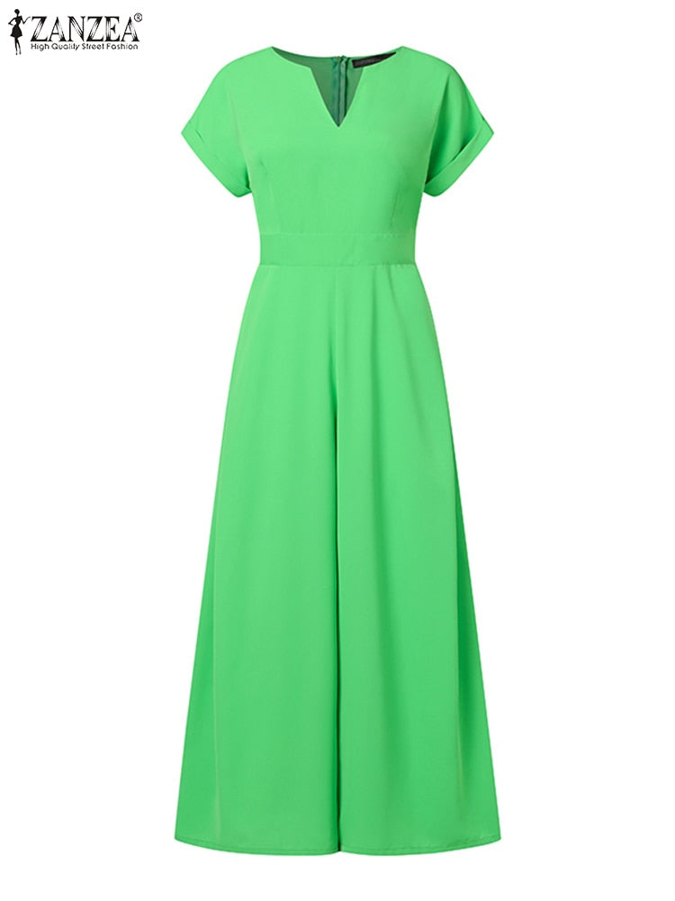 Summer Holiday Overalls Casual Elegant Playsuit Women Short Sleeve Long Rompers Commuting Wide Leg Pants Jumpsuits