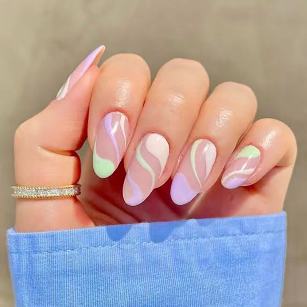 24Pcs/Set Fake Nails With Glue Full Cover Nail Tips Press On Med Nails DIY Manicure Oval Head False Nails Pink Almond Artificial Y70 -24Pcs-Set