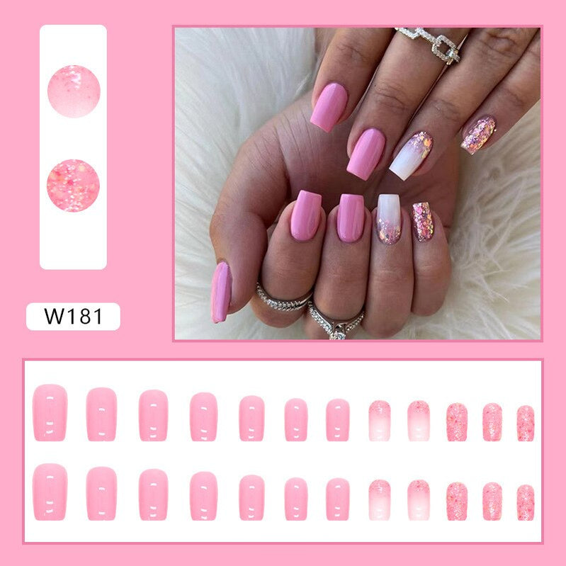Fake Nails Art Gel Tips Full Cover 24pcs Pink Shiny Shards With Press Glue Design Clear Short Ballet False Nails Press On