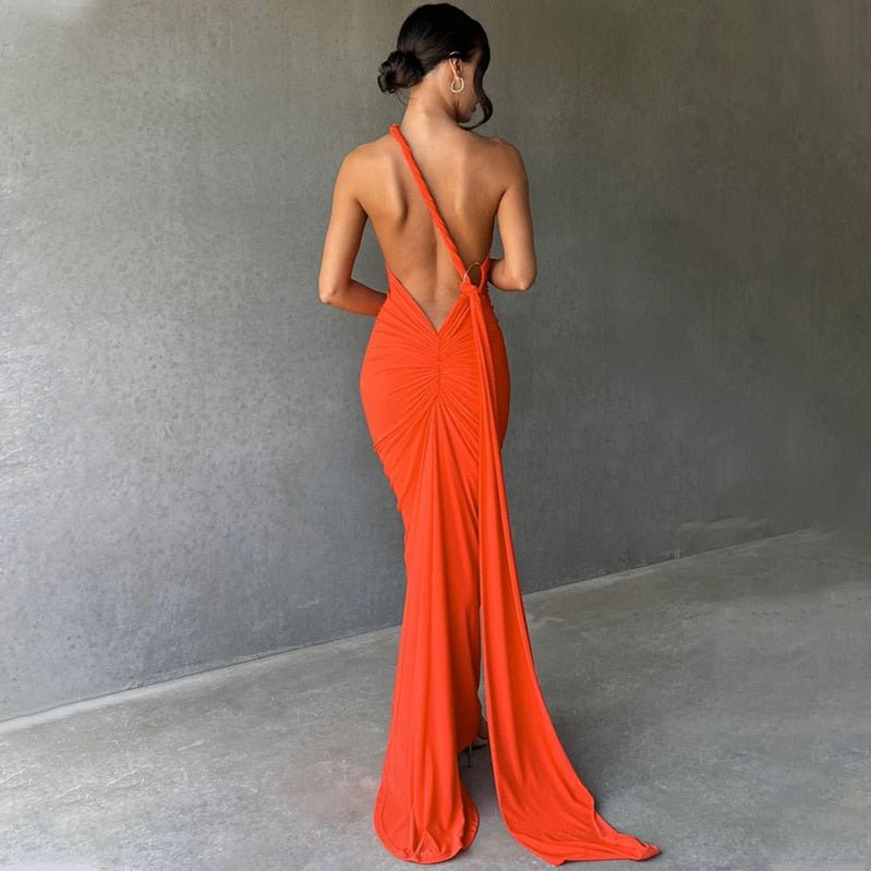 One Shoulder Backless Adjustable Scarf Loop Ruched Sexy Maxi Dress 2023 Women Elegant Y2K Vintage Dress Fashion Summer Robe Size Style1 orange