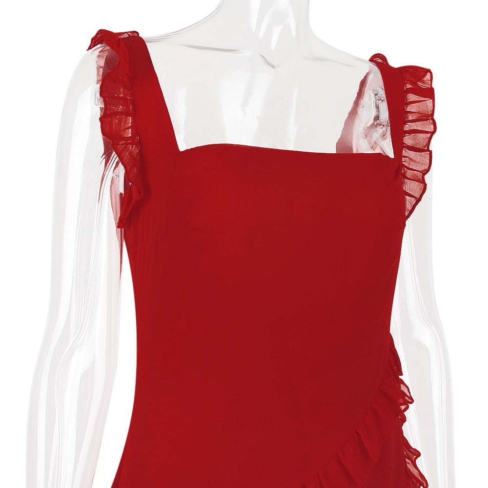 Sexy Slit Long Dress Red Chiffon Skirt Summer Sleeveless Falbala Dresses for Women Traf Formal Occasion Dresses Vestido