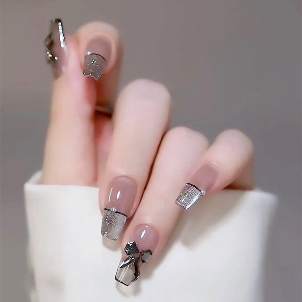 Autumn French False Nails with Butterfly Pearl Decor Bride Fake Nail Wearable Press on Nails Coffin Ballet Nail Tips for Girls S8
