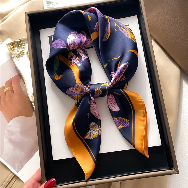 Fashion Hair Scarf for Women Decor Headband Ribbon Satin Silk Square Scarves Lady Wrist Wrap Shawls Design Bandana Foulard FJ703-2