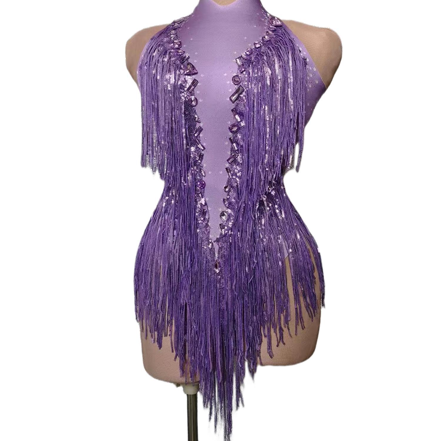 Women Nightclub Outfit Dance Costume One-piece Stage Wear Sexy Performance Clothing Sparkly Black Stones Sequins Fringes Leotard Purple