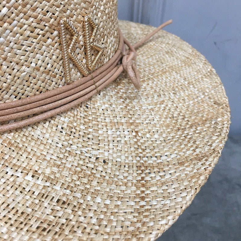 raffia straw hat for women with letter and chain Wide Brim Floppy Sun Hat Summer Hats Lady Beach Cap