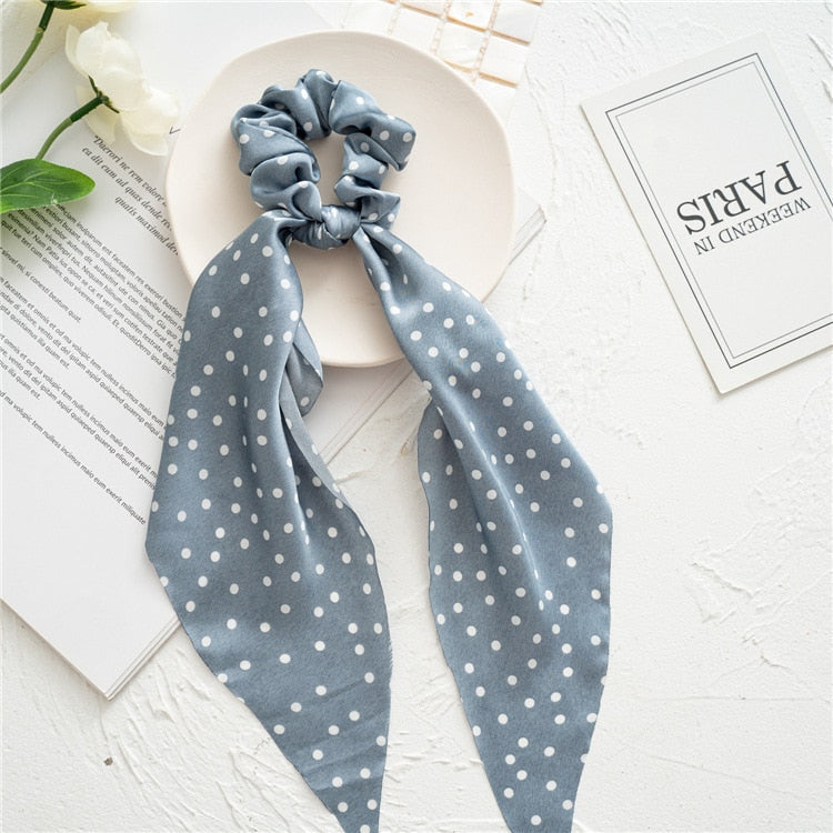 Fashion Print Chiffon Long Ribbon Scrunchies Women Girls Ponytail Scarf Elastic Hair Bands Ties Hair Accessories Wholesale 25