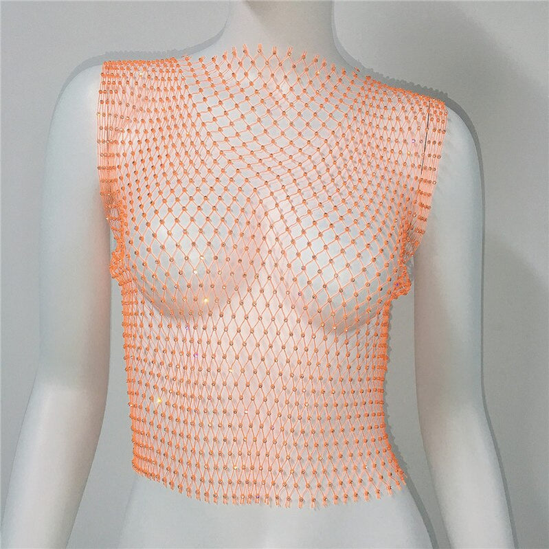 Women's Fishnet Rhinestone Crop Top 2023 Summer Sexy Mesh High Elastic Black White Shirt Net See Through Rave Diamond Tank Top Orange Spain