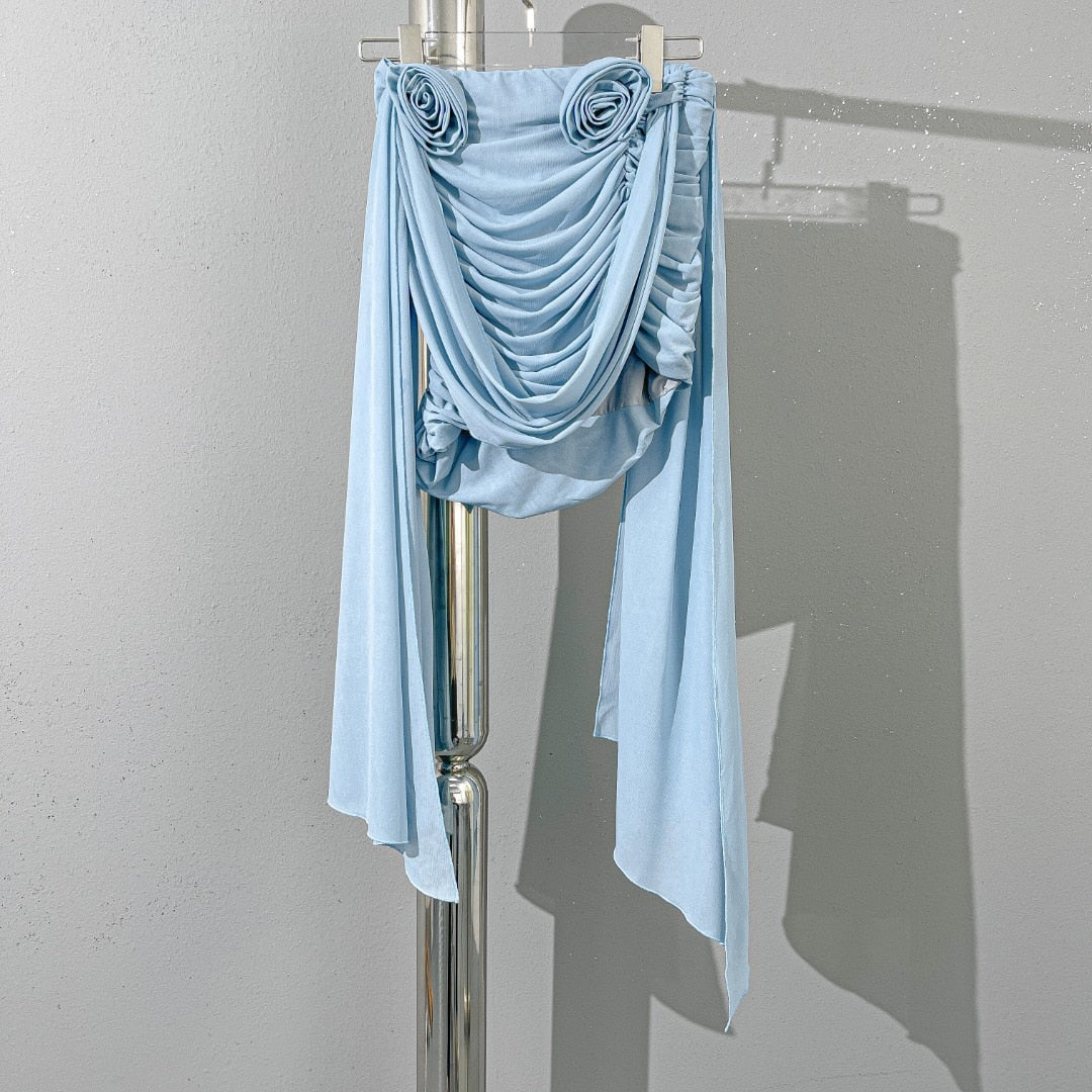 Romantic 3D rose pleated tank top fashionable and sexy y2k single side slim waist short section Top women summer new Light Blue 1