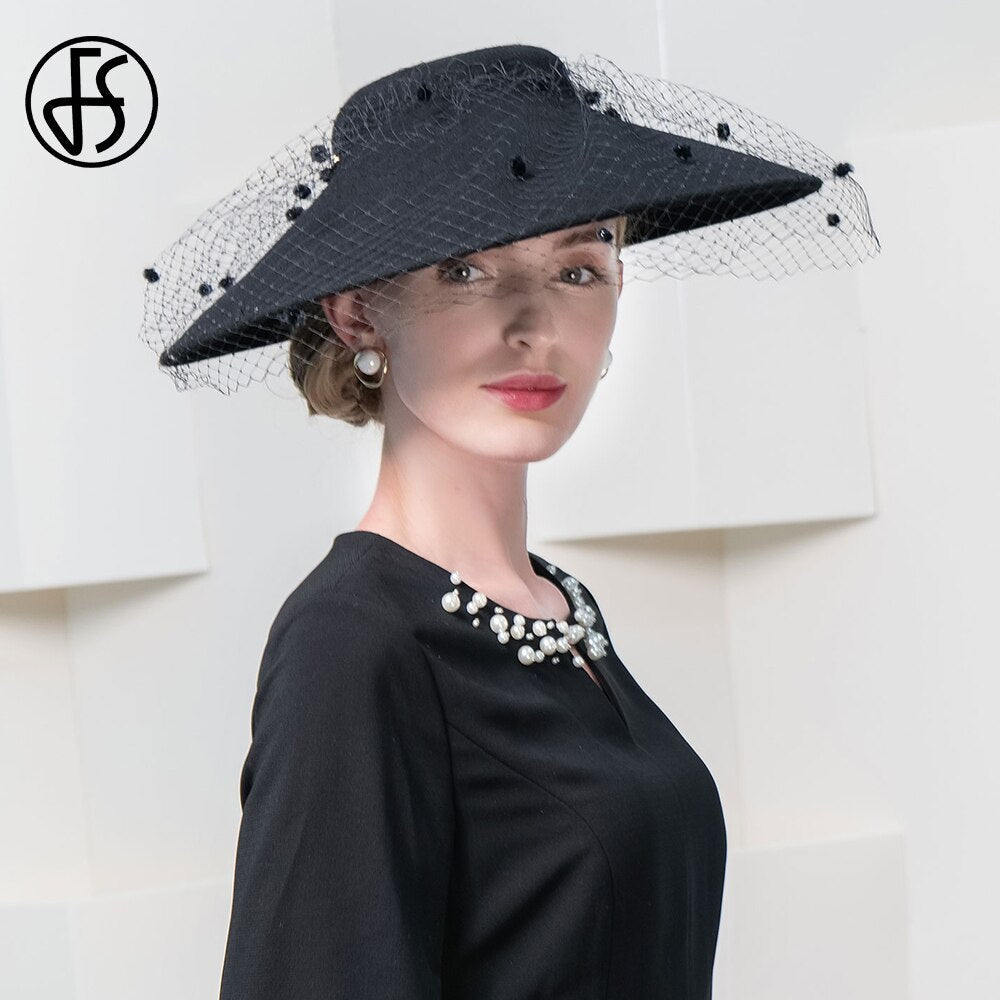 FS Elegant Church Kentucky Cap Ladies Luxury Wide Brim Black Wool Hats Fascinators For Women Cocktail Party Dress Fedoras