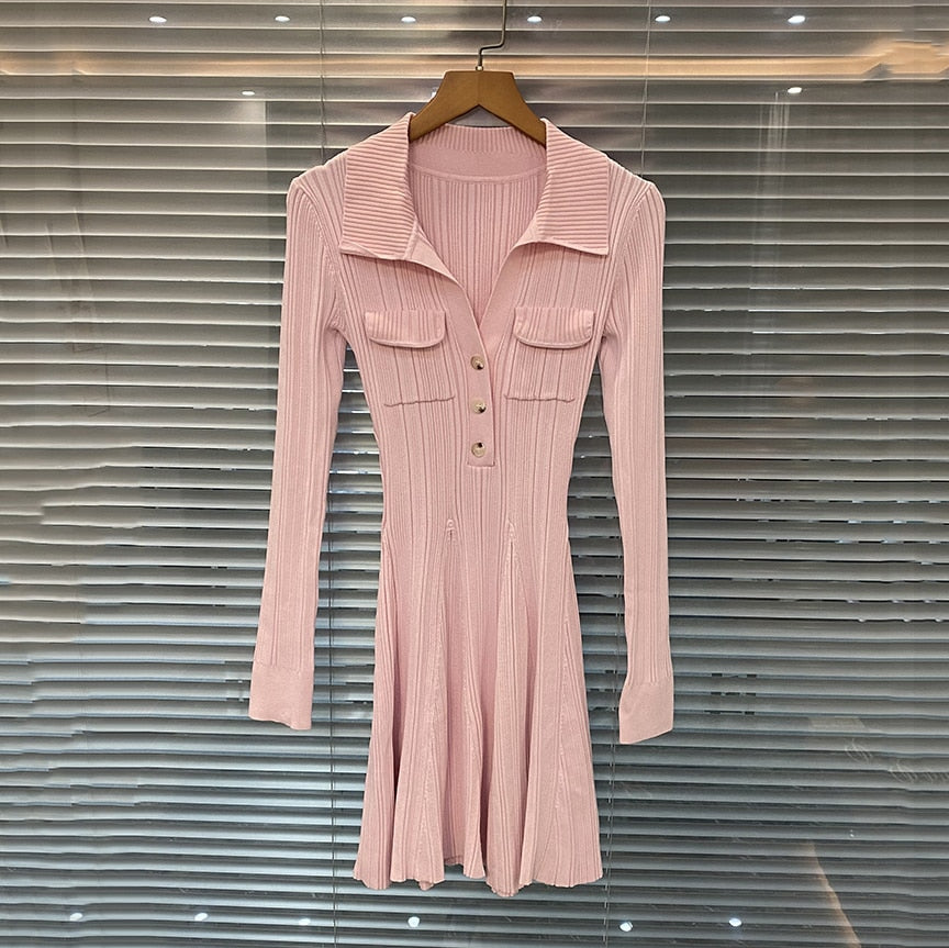 Women's pink knitted medium-length dress senior sense of fashion temperament polo collar waist-skimming long dress Short pink