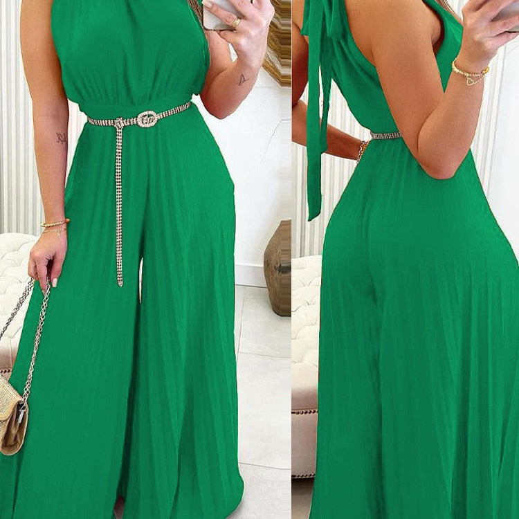 Elegant Women Fashion Red Green Sleeveless Jumpsuit Summer Sexy Halter Tied Detail Plain Pleated Wide Leg Casual Long Jumpsuit