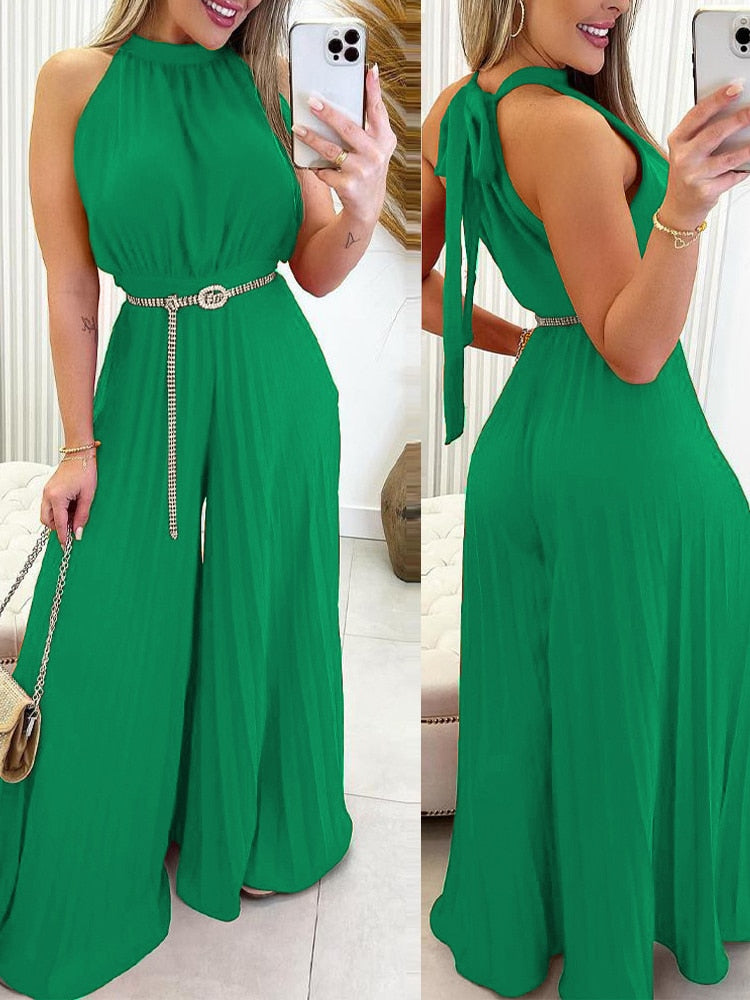Elegant Women Fashion Red Green Sleeveless Jumpsuit Summer Sexy Halter Tied Detail Plain Pleated Wide Leg Casual Long Jumpsuit