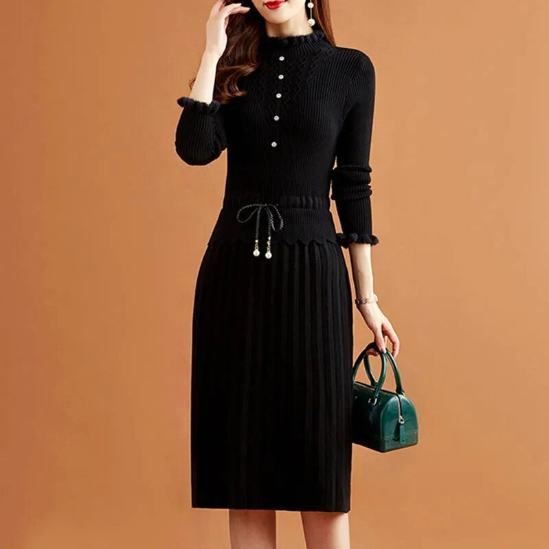 Casual Fake Two Pieces Pleated Knitted Dress Women Vintage Long Sleeve Bottoming Sweater Dresses Fall Elegant Slim Midi Vestidos Black