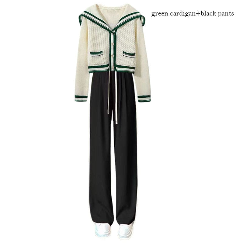 Sailor Collar Two Piece Set for Women Knitted Cardigan + Pant Sets Long Sleeve Korean Outfit Tracksuit New Knit Autumn Suit green black