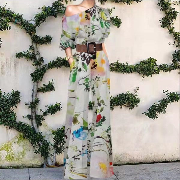 Print Jumpsuit Women Autumn and Spring New Fashion Long Sleeve Lapel Loose Casual Elegance Green Jumpsuits Print 6 (No Belt)