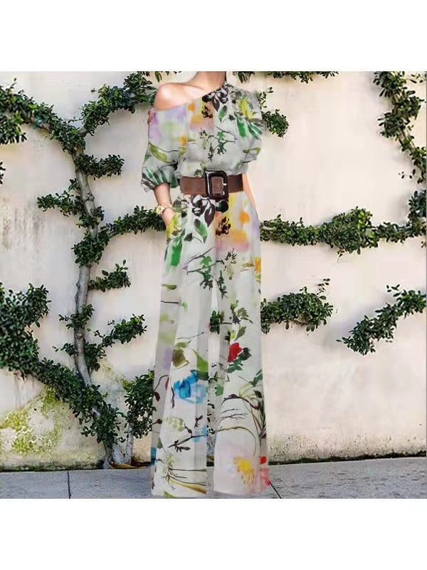 Print Jumpsuit Women Autumn and Spring New Fashion Long Sleeve Lapel Loose Casual Elegance Green Jumpsuits Print 6 (No Belt)