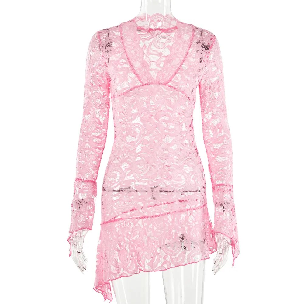 Sexy See Through V-neck Longsleeve Lace Mini Dress Women Summer Skinny Hollow Out Dresses Club Party Clothes pink